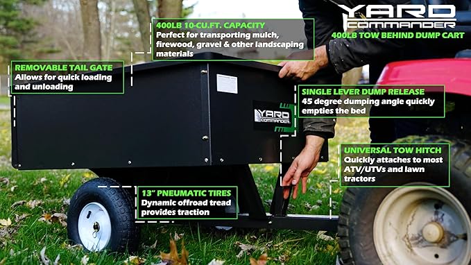 Yard Commander - 400LB Heavy Duty Tow Behind ATV Trailer Steel Dump Cart - 10-Cubic Feet Capacity - Garden Utility Trailer - Trailers with Removable Tailgate for Riding Lawn Mower Tractor