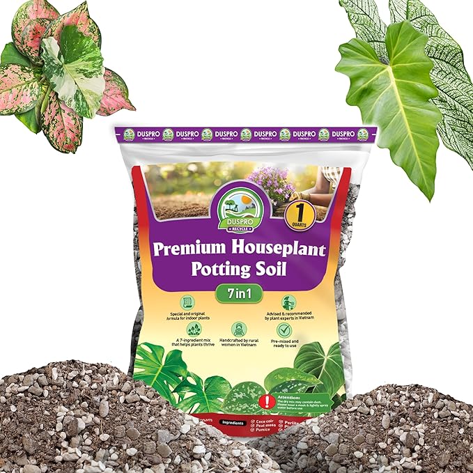 DUSPRO Recycle Pre-Mixed House Plant Potting Mix 7in1 with Potting Soil Indoor Plants, Tropical Indoor Potting Soil with Pine Bark, Pumice, Coco Coir, Perlite, Worm Castings, Gypsum, Peat Moss 1QRT
