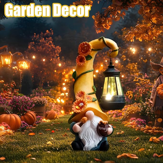 Thanksgiving Decorations for Home Porch 12" Solar Sunflower Gnome Garden Statues Honey Bee Jar Decor with LED Lantern Outdoor Gnomes Decorations Patio Yard Balcony Art Birthday Gifts for Mom Grandma