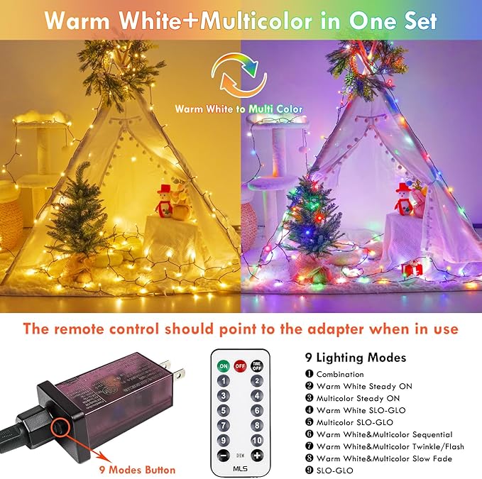 82FT 200 LED Color Changing Christmas String Lights with Remote & Timer & Memory Function, 8 Lighting Modes Waterproof Fairy String Lights for Xmas Tree Holiday Party Garden (Warm White & Multicolor)