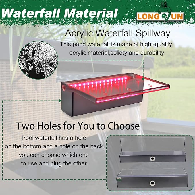 LONGRUN Waterfall Spillway APP Control Multi-Color LED Light Outdoor Pool Fountain, Acrylic Water Spillway Koi Pond Waterfalls Fountains Kit for Garden Patio Swimming Pool Decoration-11.8"
