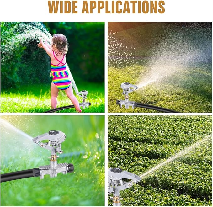 Landhoow 2 Pcs Lawn Sprinkler Heavy Duty Adjustable Pulsating Water Sprinkler Head with Spike Base Adjustable Spraying Area and Distance for Large Area Garden Lawn Yard Irrigation