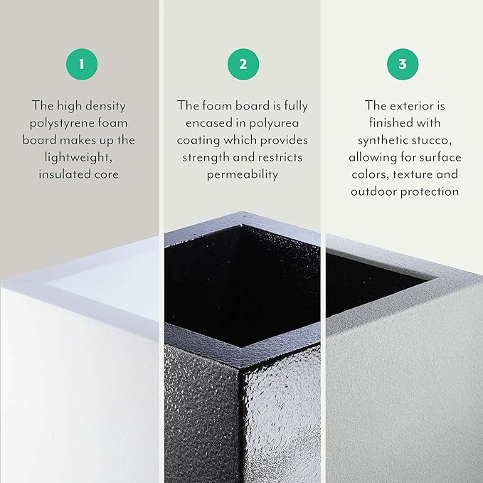 PolyStone Milan Tall Modern Outdoor/Indoor Rectangular Trough Planter, 46" L X 17" W X 19" H, Lightweight, Heavy Duty, Weather Resistant, Polymer Finish, Commercial and Residential (White)