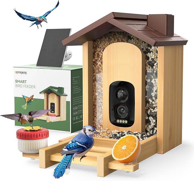 Bird Feeder with Camera: Eco Natural Bamboo Build | 160° Wide View | 2.5K Live Video | AI Auto Identify 12000+ Birds Species | Instant Arrival Alerts | Solar Smart Bird Feeders for Outdoors