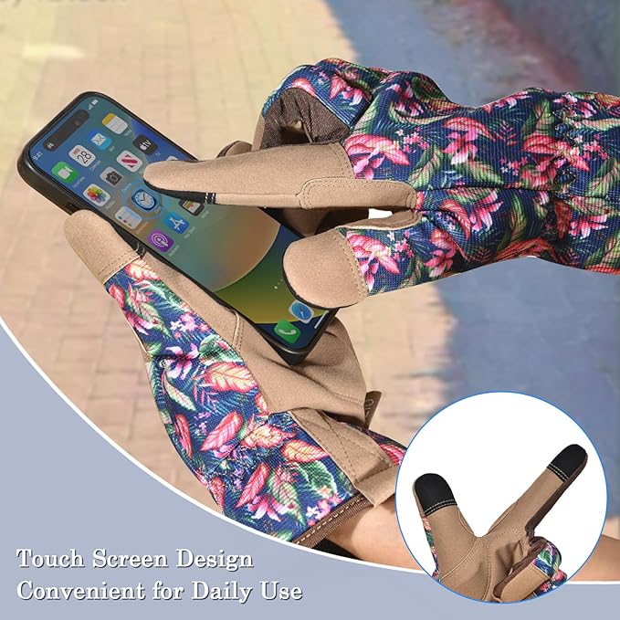 Gardening Gloves for Women and Men, Garden Gloves with Touch Screen, Thorn Proof Puncture Resistant Working Gloves, Gardening Gifts for Women,Blue-brown flowers M