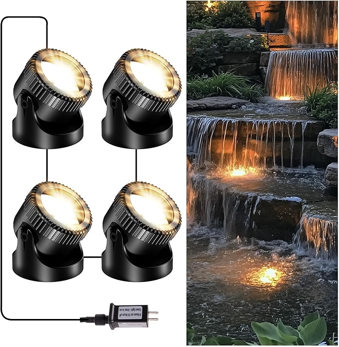 POPOSOAP Pond Lights, 4-in-1 Warm White Underwater Pond Lights, IP68 Waterproof LED Landscape Spotlights for for Pond, Garden, Patio, Fountain, Pool, Waterfall Decoration(4 Head Lamps)