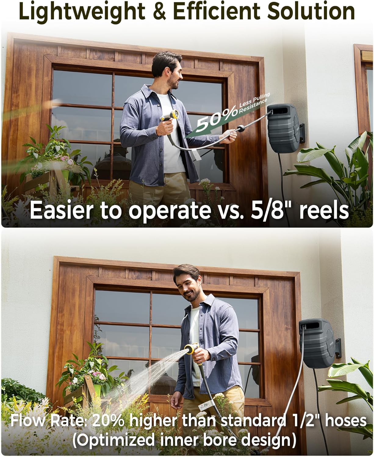 Retractable Garden Hose Reel 1/2 in x 50 ft Metal Bracket, 2025 Upgraded Dual Ratchet Lock UV & Freeze Protection Brass Seal Slow Retraction Anti-Tangle Hose 180°Swivel