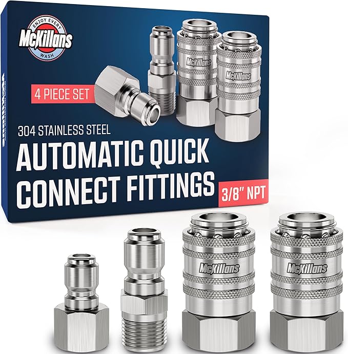 McKillans® 3/8" NPT Automatic Pressure Washer Quick Connect Kit of 4 - Stainless Steel - 3/8" Pressure Washer Quick Connect Fittings - Power Washer NPT 3/8" - PUSH-TO-CONNECT - Upgraded Viton O-Rings