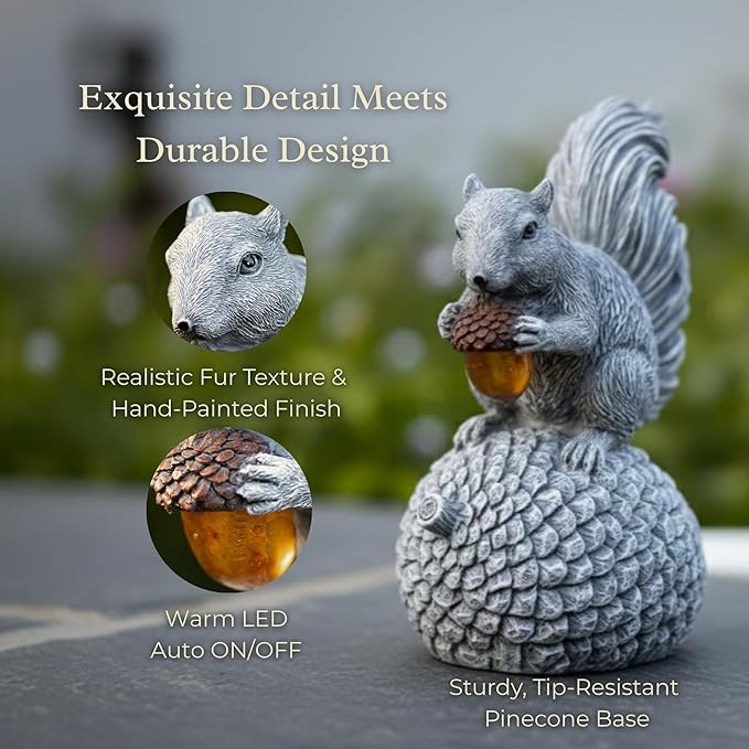 Solar Garden Statue – Hand-Painted Resin Squirrel on Pinecone with Glowing LED Acorn – Charming Yard, Patio & Balcony Decor – Gift for Mom, Grandma & Garden Lovers