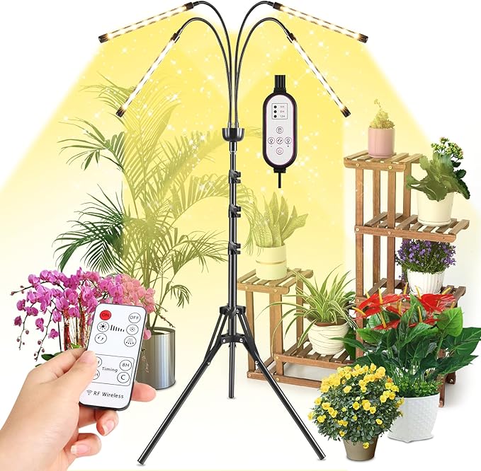 Grow Lights for Indoor Plants Yellow Light with 15-63 inches Adjustable Tripod Stand Plant Light with 4/8/12H Timer with Remote Control