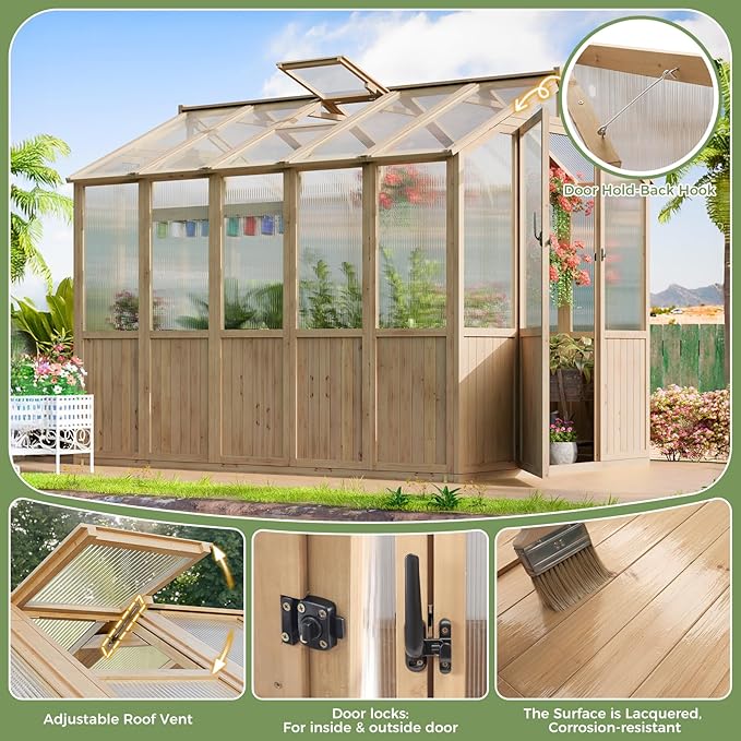 CDCASA 8x6 FT Wooden Greenhouse for Outdoor, Easy Assembly Solid Cedar Frame w/ Polycarbonate Heavy Duty Greenhouses, Outside Garden Walk-in Green House Kit, Adjustable Roof Vent & Lockable Door