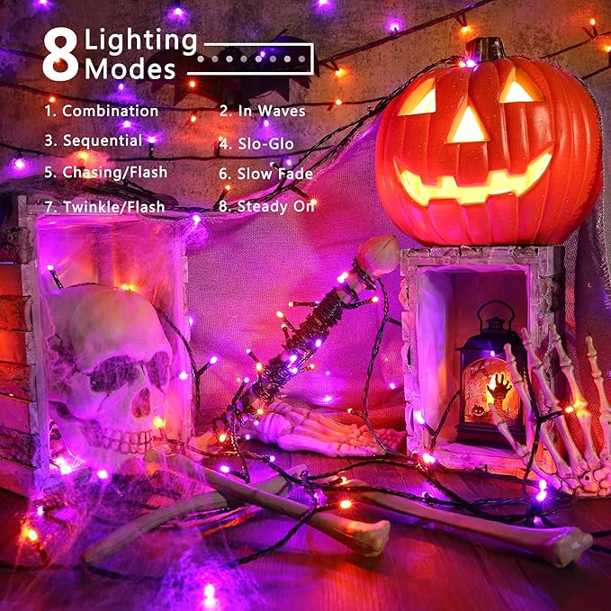 Brizled Halloween Lights String, 164FT 500 LED Halloween Lights, Outdoor Mini Spooky Lights 8 Modes Waterproof, Plug in String Light for Party Tree Outside Indoor Decor (Orange & Purple)