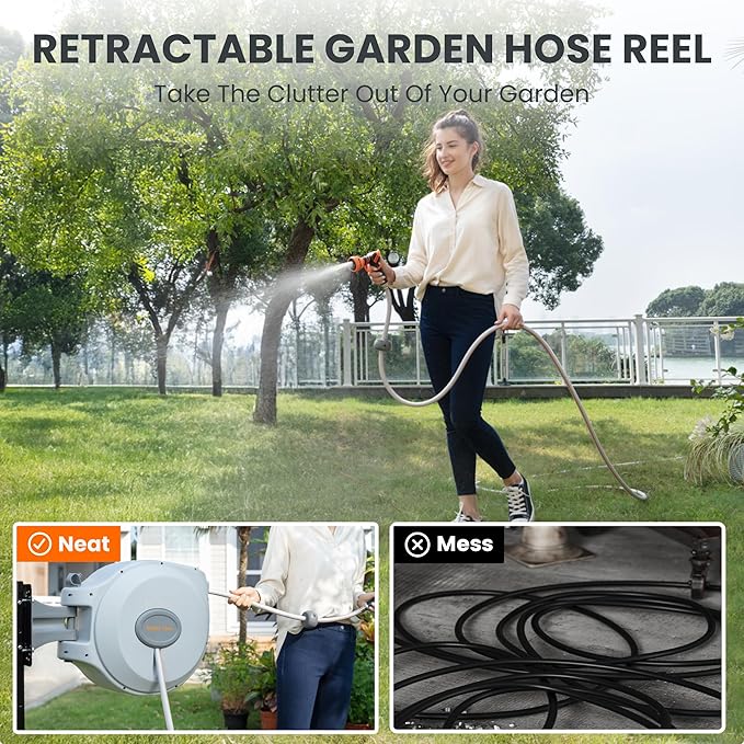 Giraffe Tools CW20 Retractable Garden Hose Reel 5/8" x 60 ft Heavy Duty Water Hose Reel, Swivel Bracket, Any Length Lock, Light Grey