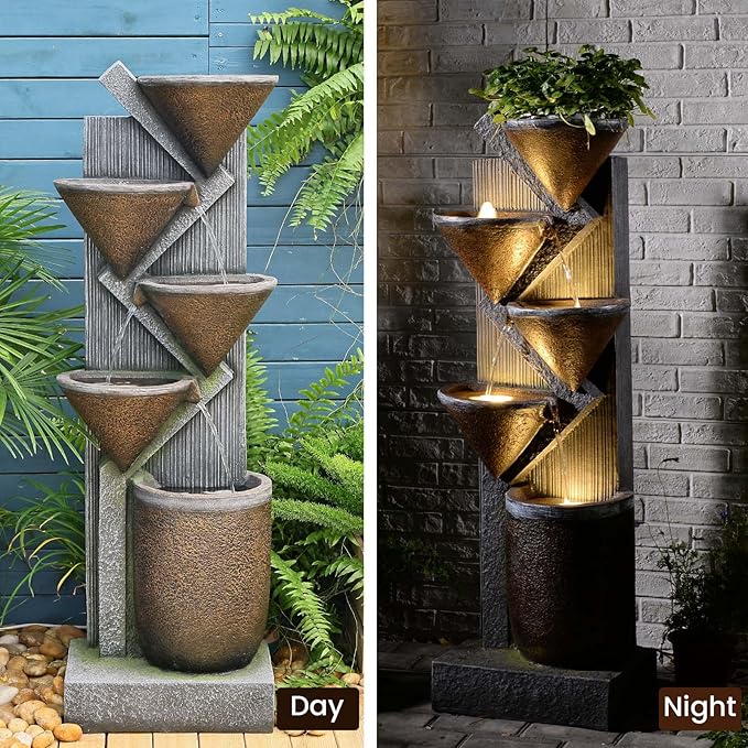 49.6" H Water Fountain Outdoor with LED Lights & Pump, 5-Tier Cascading Outdoor Fountain for Garden,Patio,Porch,Backyard,Home Art Decor (Brown)