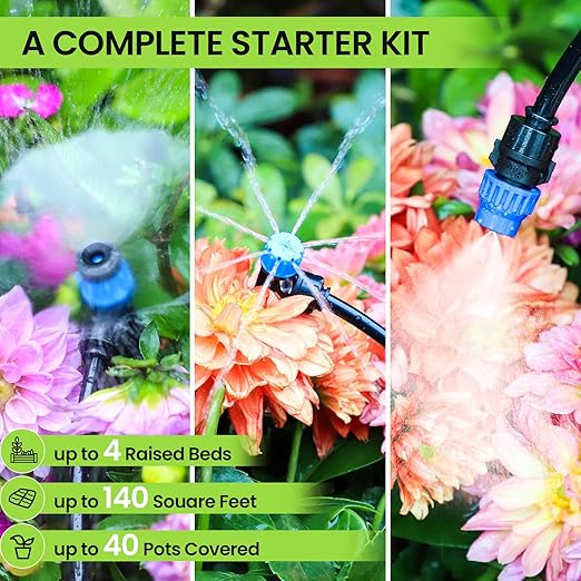 Bonviee Drip Irrigation System, 230FT Garden Watering System with Quick-to-Connect Fittings, Adjustable Drip Emitters, 1/4โ & 5/16โ Tubing, Drip Irrigation Kit for Raised Garden Beds, Greenhouse, Lawn