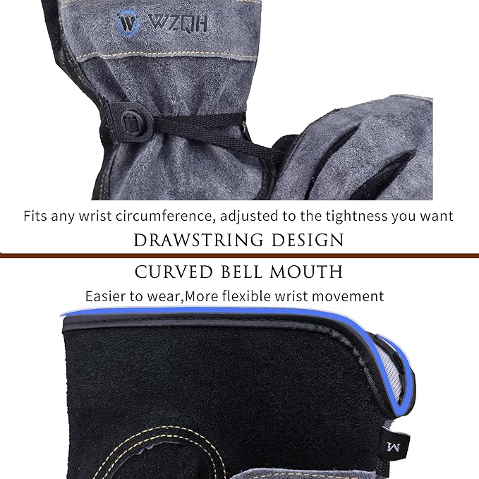 Leather Work Gloves for Men or Women, Large Glove for Gardening, Tig/Mig Welding, Construction, Chainsaw, Farm, Ranch, etc. Cowhide, Cotton Lined, Utility, Firm Grip, Durable. Grey-Black L