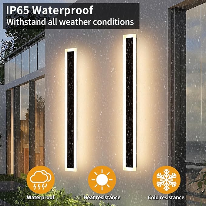 Upgrade Widened 2 Pack LED Outdoor Wall Lights, 57inch Modern Lighting Fixture, 3000K Warm White, IP65 Waterproof, 50W, White Acrylic, Black Minimalist Wall Mount Sconce for Balcony, Yard, Fence