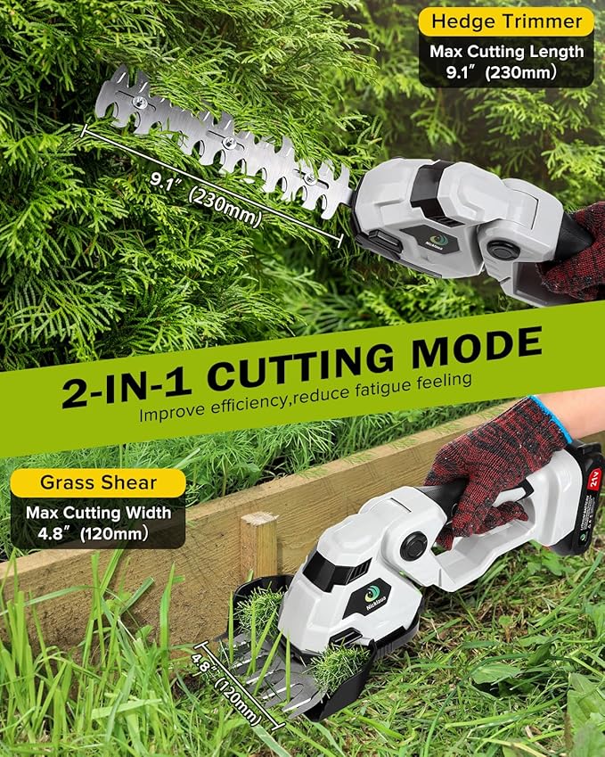 Cordless Hedge Trimmer,2 in 1 Cordless Grass Shear & Hedge Shear/Shrubbery Trimmer with Dual-Action Blade Cutting Capacity,Hedge Shear with 2 PCS Rechargeable Battery and Charger for Garden,Lawn