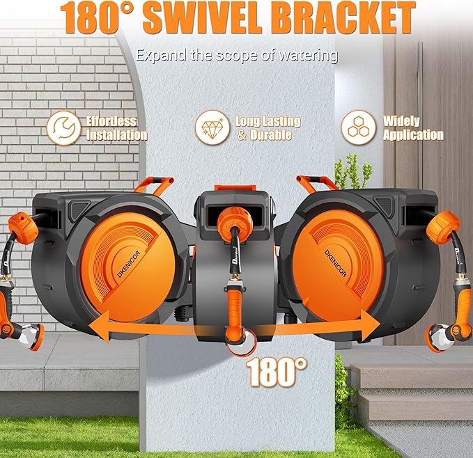 1/2" x 150 ft Retractable Hose Reel, Heavy Duty Retractable Garden Hose Reel Wall Mounted with 10-Pattern Hose Nozzle/Any Length Lock/Slow Return System/180°Swivel Bracket,Orange