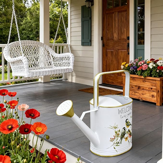 Vintage Decorative Metal Watering Can - Welcome to My Garden with Charming Bird & Floral Design, Rustic Farmhouse Watering Pot Planter for Indoor/Outdoor Plant Care