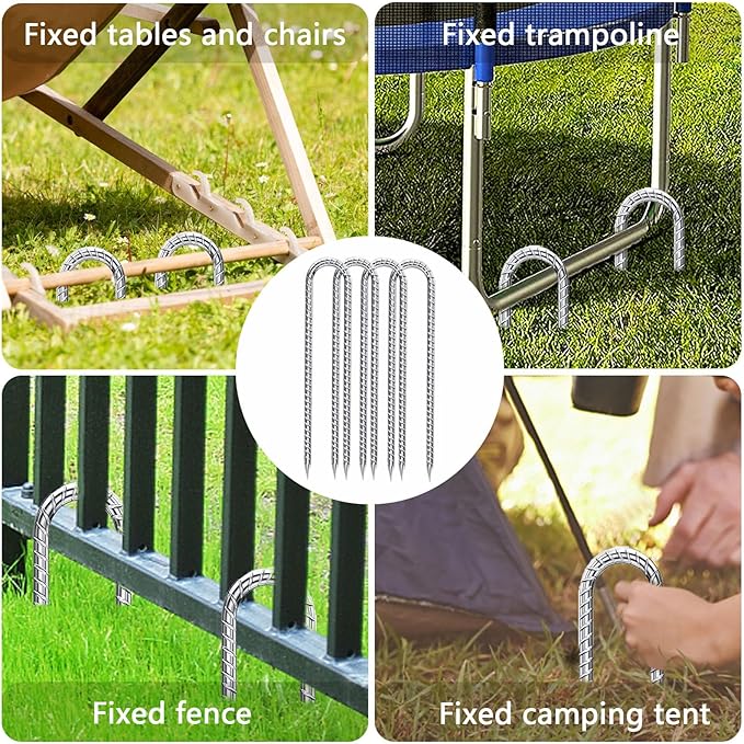 Rebar-Stakes-12-Inch-Galvanized, U Hook Trampoline Stakes 10 Pack Ground Anchors Tent Stakes Heavy Duty for Plants Anti-Rust Landscape Fabric Stakes Artificial Turf