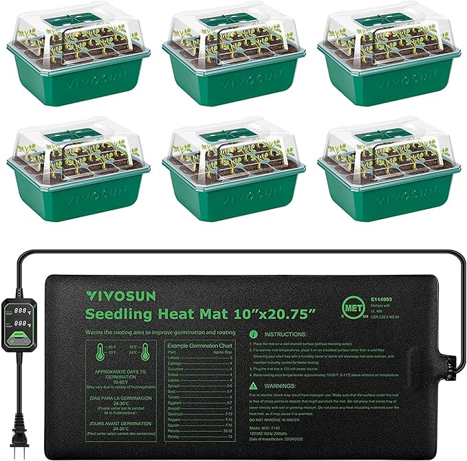 VIVOSUN 6-Pack Seed Starter Trays with 10"x20.75" Seedling Heat Mat, Self-Adjusting Dual Digital Display Temperature Controller, 72-Cell Seed Starter Kit with Humidity Dome, Reusable Propagation Trays