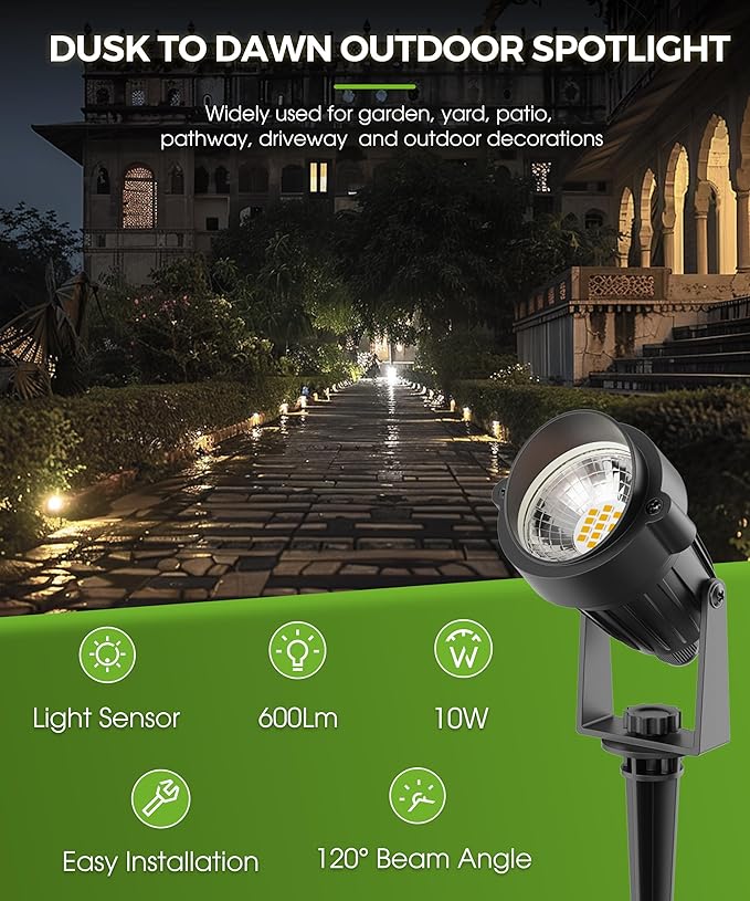 LOHAS 10W Dusk to Dawn Outdoor Lighting, Auto On/Off 3000K Landscape Spot Lights Outdoor, IP66 Waterproof Spot Lights for Yard, Garden, House, Pathway, Plant, UL Listed (2 Pack)