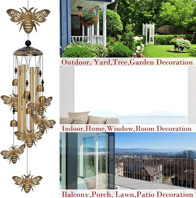 Outdoor Bee Wind Chimes Decor, Portable Wind Chime, Mobile Wind Catcher, Memorial Wind Bells with 7 Bees for Home, Yard, Patio, Trees, Garden Decoration, Valentines Gift, Festival Gift for Mom
