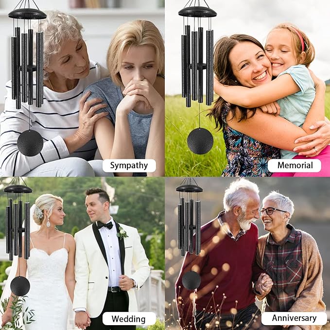 Sympathy Memorial Wind Chimes, 36' with 6 Metal Tubes, Outdoor Deep Tone for Garden, Christmas Hanging Decor - Black Grey