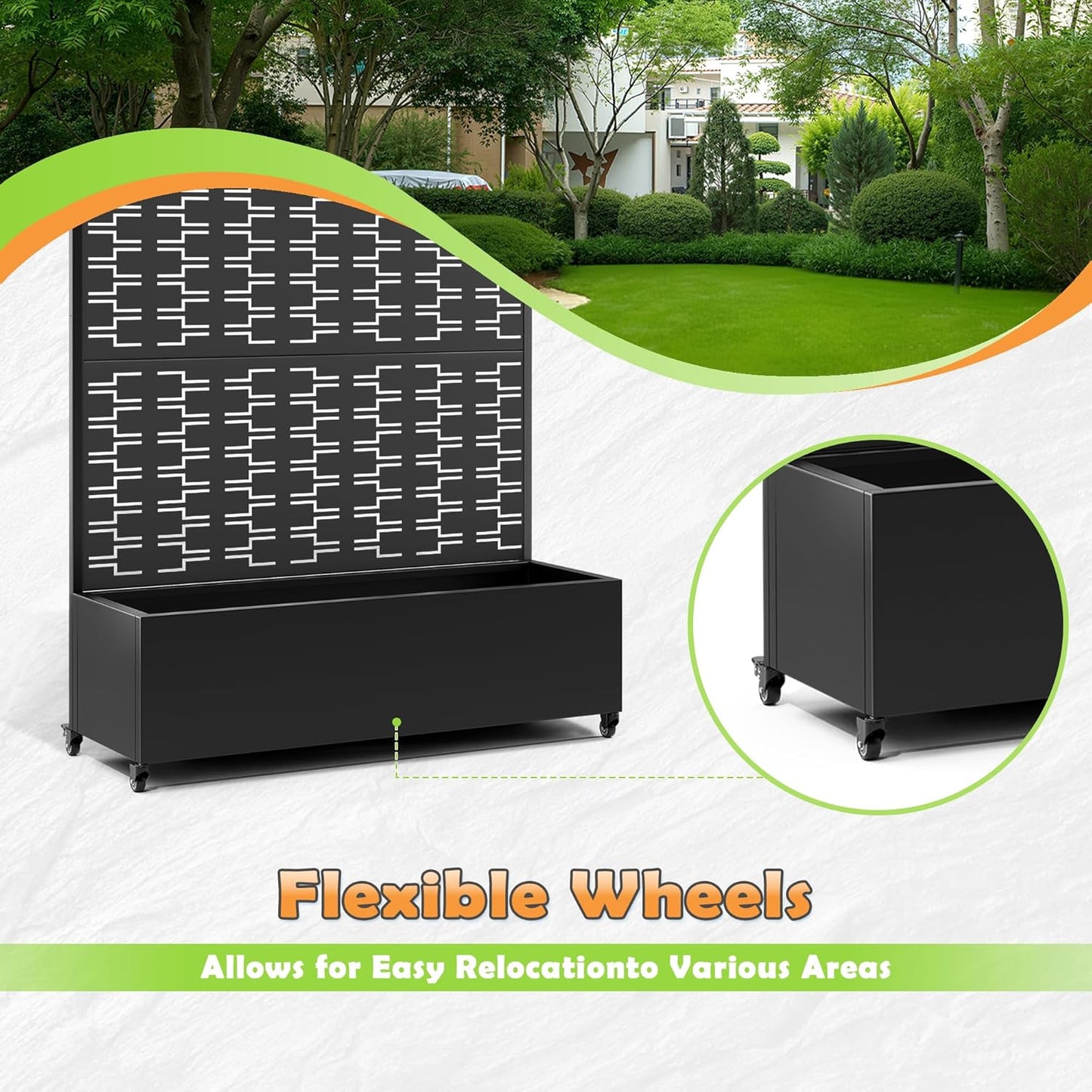 Metal Raised Garden Bed with Trellis, 2-in-1 Planter Box & Privacy Screen for Climbing Plants, Outdoor Standing Flower Bed with Drainage Holes, 47.2" L x 16.7" W x 70.8" H, Black-Brick