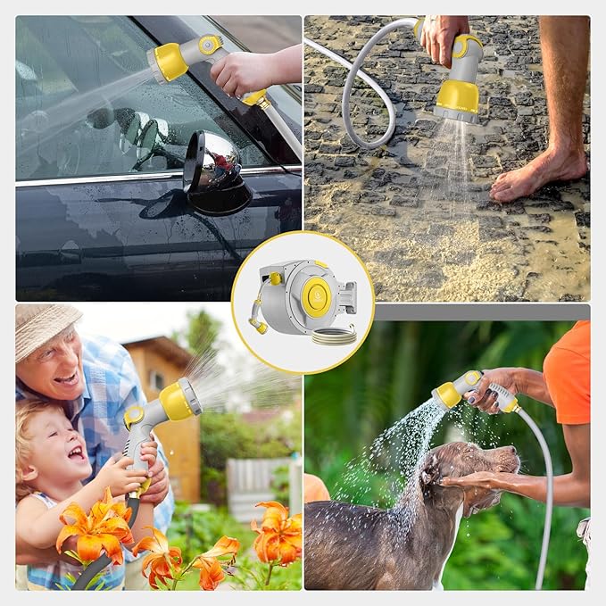 Retractable Hose Reel, 5/8 "x 100 ft Retractable Garden Hose Reel Wall Mounted, for Cleaning, Watering, with 10-Function Hose Nozzle, Any Length Lock, Heavy Duty, 180°Swivel (Yellow)