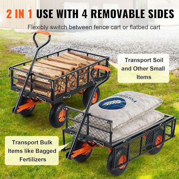 VEVOR 880lbs Steel Garden Dump Cart Utility Wagon, Heavy Duty Yard Dump Wagon Cart with Removable Sides, Pullable Handle, Utility Liner, 10in All Terrain Wheels