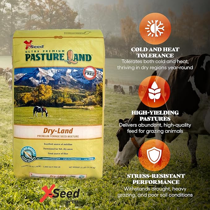 X-Seed Pasture Land Dry-Land Forage Seed Mixture with Micro-Boost – Tall Fescue Orchard Grass Ryegrass Endophyte Free Pasture for Safe Nutrition of Livestock, Formulated for Dry Areas – 25-Pound Bag