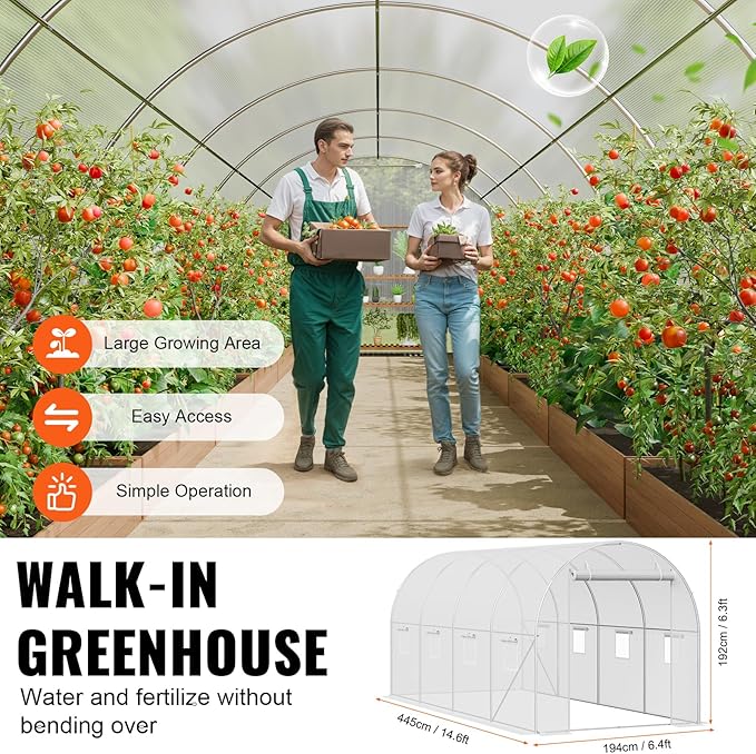 VEVOR Walk-in Tunnel Greenhouse, 14.6x6.4x6.3 ft Hoop House Greenhouse Tunnel, Plant Hot House with Galvanized Steel Frame, White PE Cover, Roll-up Zipper Door and 8 Windows for Outdoor