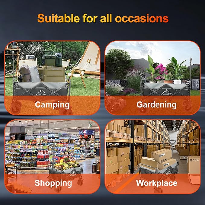 Collapsible Foldable Wagon, Utility Large Capacity Beach Wagon with Big Wheels, Shopping Cart with Side Pocket and Brakes for Sand, Garden, Grocery, Sports, Camping, Black