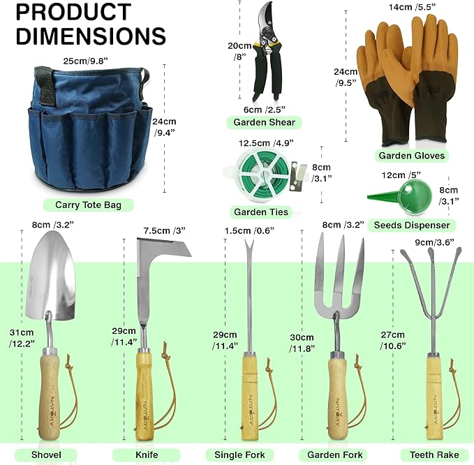 Garden Tools Set โ Premium Stainless Steel Gardening Hand Tools with Solid Beechwood Handle โ Gardening Kit with Rake, Shovel, Gloves, Shears, Tool Organizer โ Garden Gifts for Women and Men