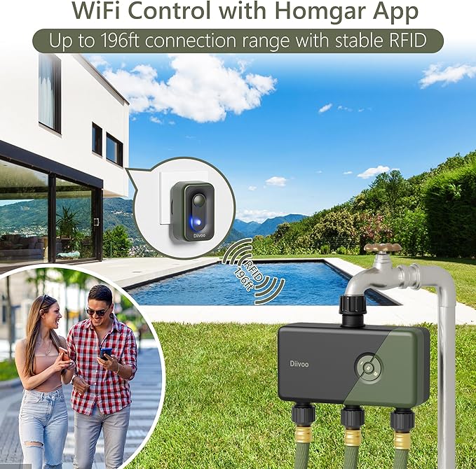 Diivoo WiFi Sprinkler Timer 3 Zone, Smart Water Hose Timer Compatible with Alexa and Google, Remote Control Irrigation, Automatic Manual Watering, Rain Delay, for Garden, Yards and Lawns (2.4Ghz Only)