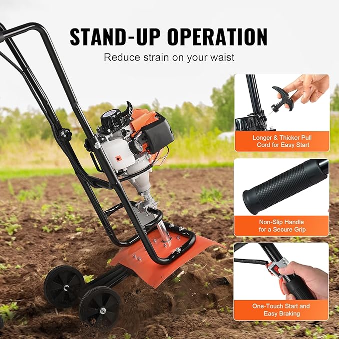 VEVOR Tiller Cultivator, 31CC 4-Stroke Garden Cultivator, Tiller with 4 Steel Adjustable Front Tines for Lawn, Garden and Field Soil Cultivation, Orange