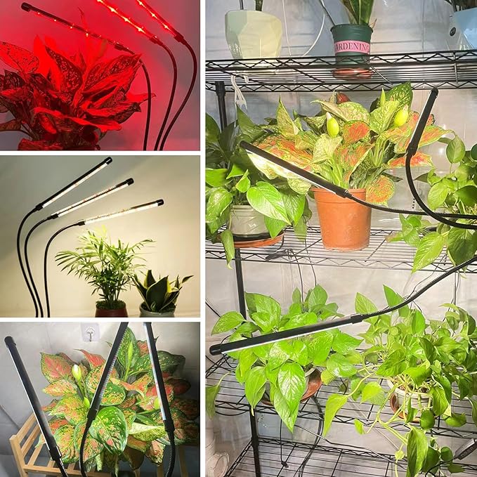 ELITUN Grow Lights for Indoor Plants, 3000k/5000k/660nm Full Spectrum Plant Light with 3/9/12H Timer, 9 Brightness Levels, Auto ON/Off, 3 Heads Clip 126 LEDs Plant Grow Lamps