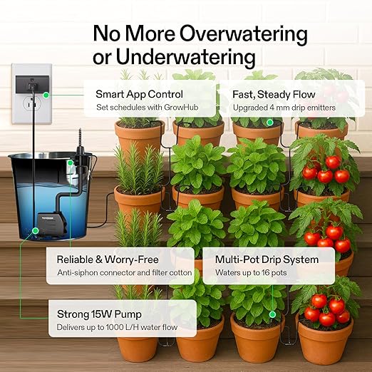VIVOSUN Automatic Drip Irrigation Kit, Smart Watering System with 16 Drip Emitters, 4mm Fast Flow, App-Controlled A10 GrowHub, Quiet 15W Pump, Anti-Siphon & Filtered for Indoor & Outdoor Plants