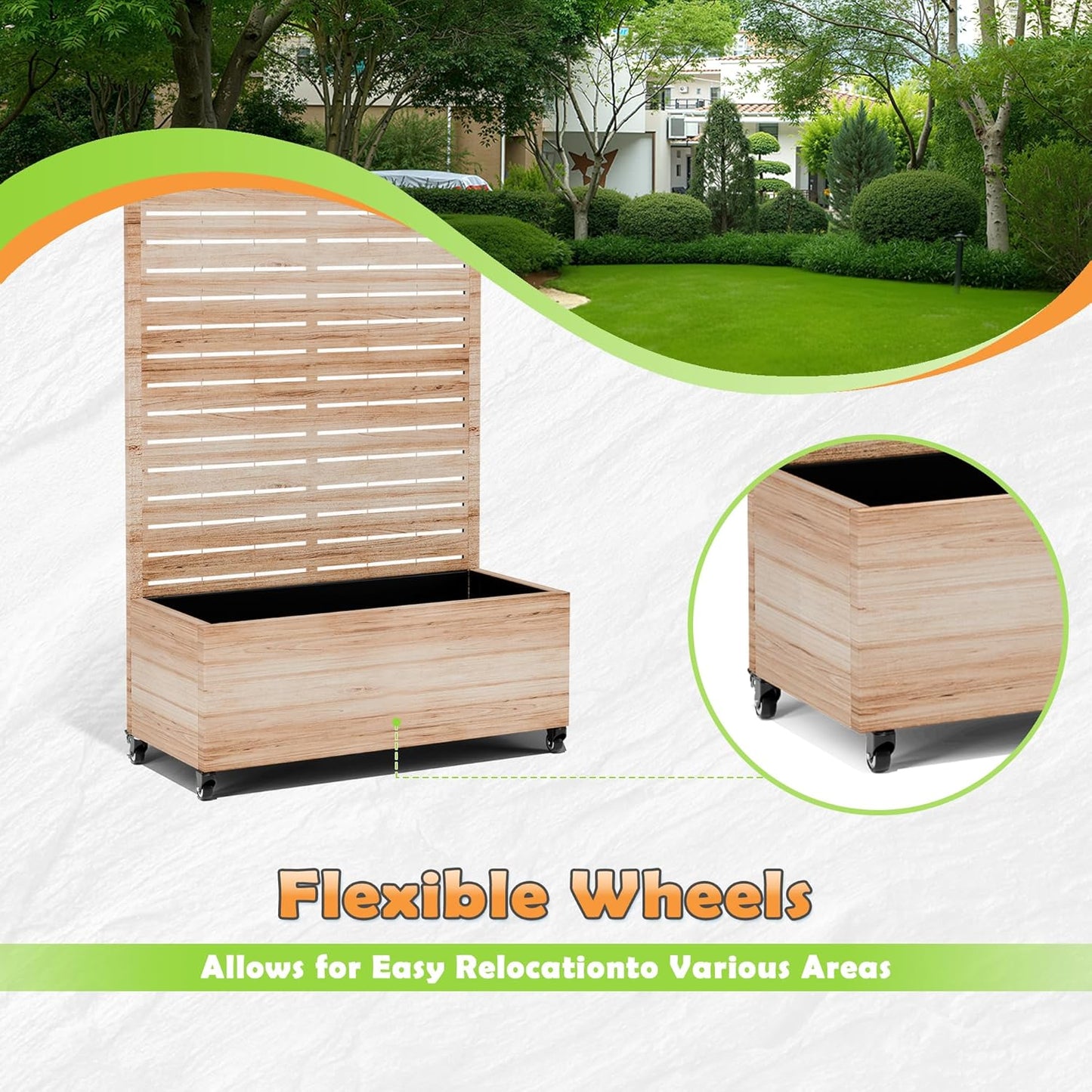 Metal Raised Garden Bed with Trellis, 2-in-1 Planter Box & Privacy Screen for Climbing Plants, Outdoor Standing Flower Bed with Drainage Holes, 35.4" L x 15.7" W x 70.1" H, Acacia Wood Grain