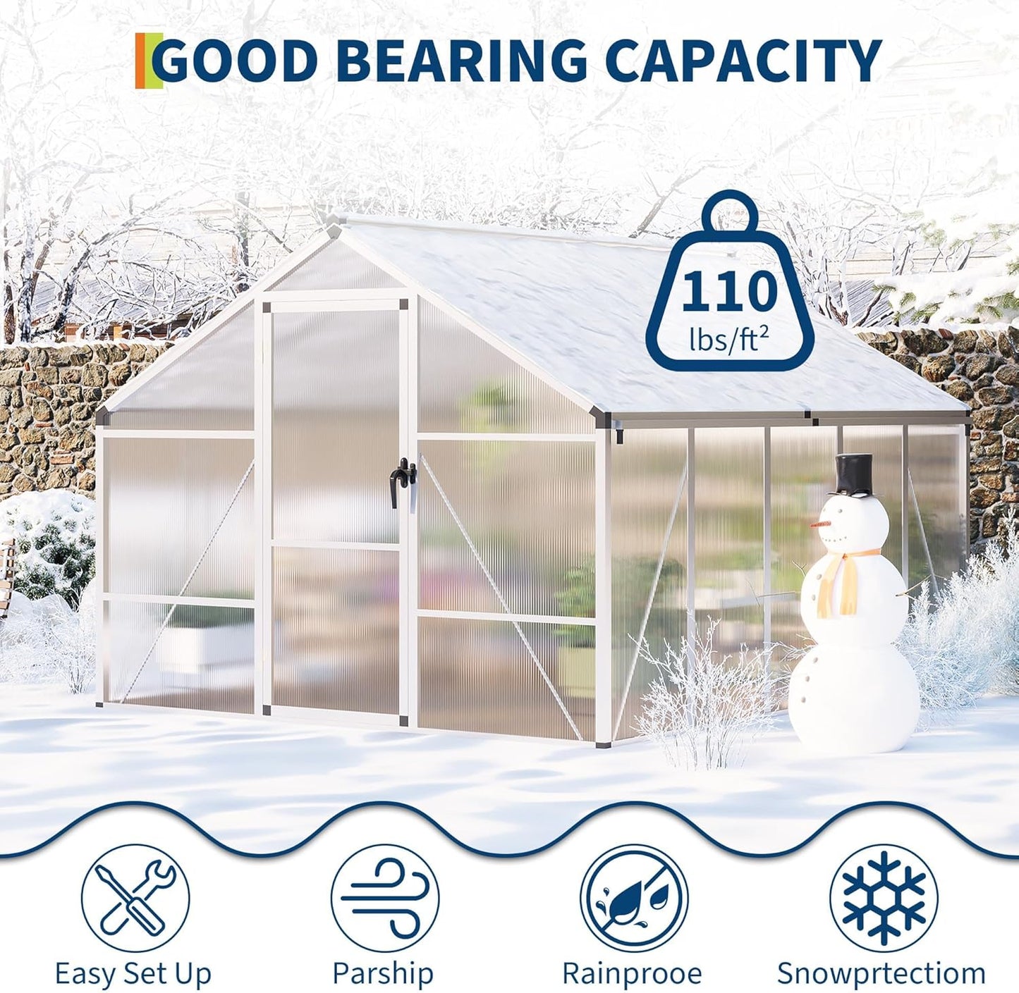 8x10 ft Greenhouse for Outdoors, Polycarbonate Greenhouse with Roof Vent, Ground Nails, Lockable Push Door, Aluminum Large Walk-in Green House for Outside Garden Backyard, Patio, Lawn, Silver