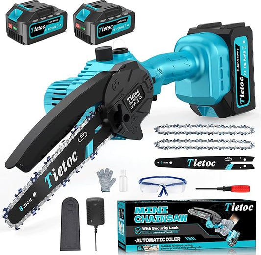 Tietoc Mini Chainsaw 8 inch Cordless with 2x 4000mAh Batteries, Battery Powerd Chain saw with Oiler, Lightweight Handheld Saw for Household & Garden, Gifts for Men, Dad, Husband, Gardener and DIYer