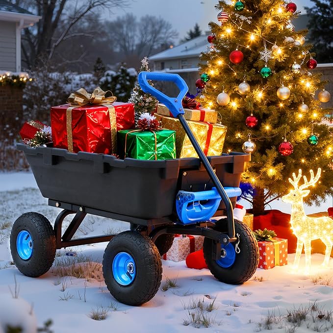 800lb Garden Dump Cart,Utility Wagon Wheelbarrows with Quick-Release System&4 Pneumatic Tires,Heavy Duty Yard Dump Wagon with Steel Frame for Yard, Farm, Garden and Holiday Hauling (Blue)