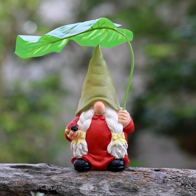Garden Female Gnome Statue Decoration with Leaf Umbrella, 7.5” Figurine Ornament for Indoor Outdoor Home Patio Yard Lawn, for Gnome Lovers & Garden Enthusiasts,Mom,Women