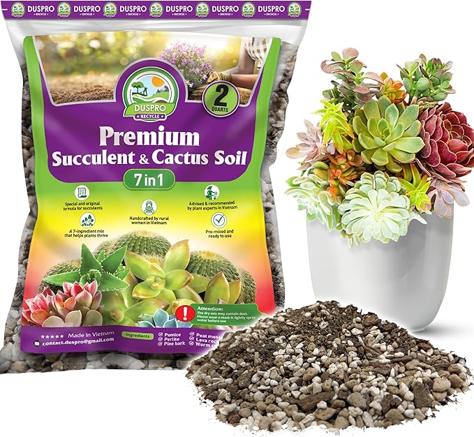 DUSPRO Succulents Soil Potting Mix โ 7 in 1 Ingredients Well-Draining, Nutrient-Rich Cactus Potting Soil for Succulents and Cacti, Indoor & Outdoor Use, Ready to Use, Supports Healthy Root Growth, 2QT