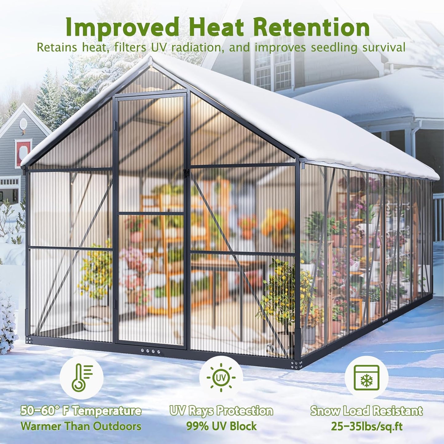 Wanan 16x8FT Greenhouses for Outdoors, Quick Assembly Polycarbonate Green House with UV Protection, Heavy Duty Windproof Aluminum Frame, Adjustable Roof Vent for Backyard or Outdoor Garden Use