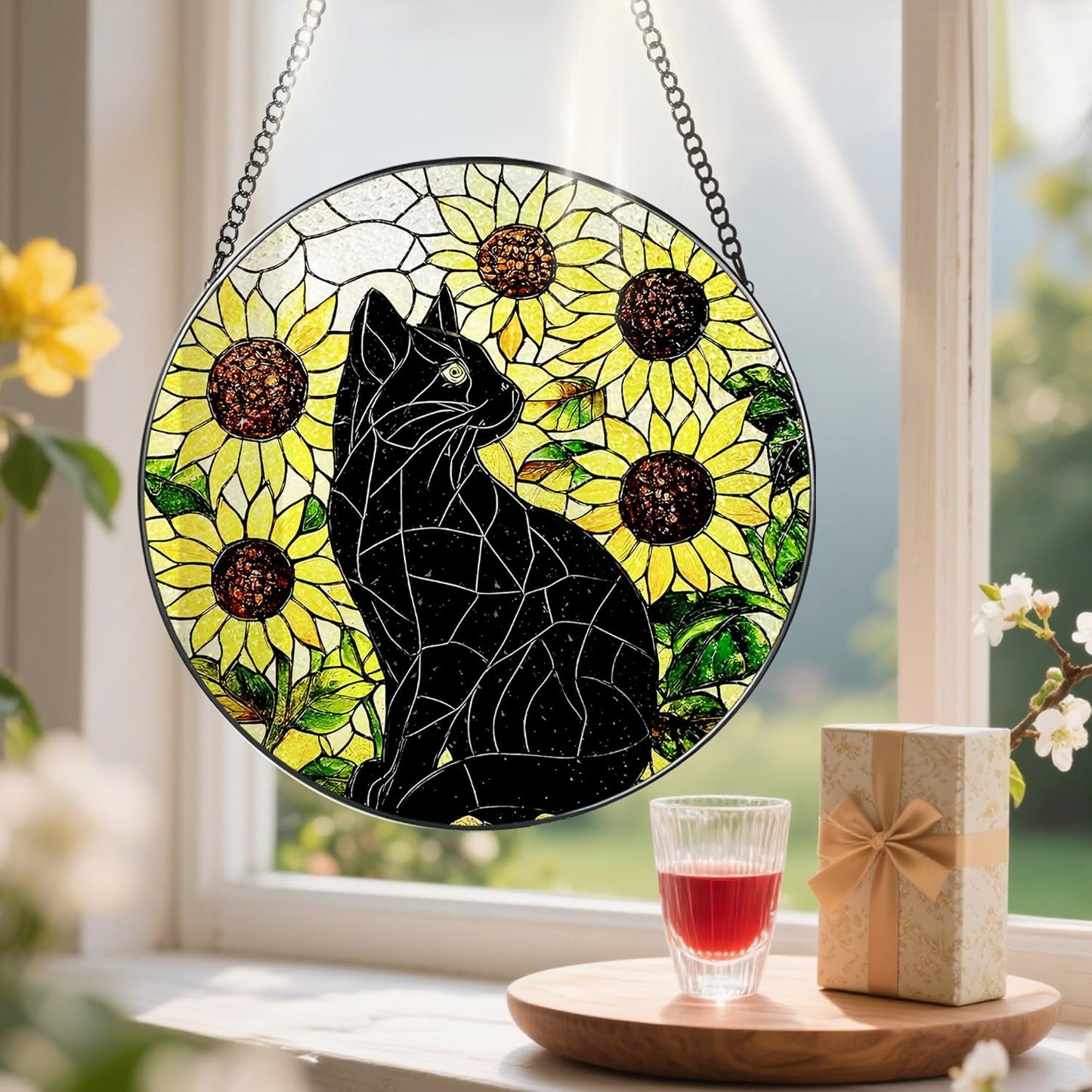 Stained Glass Window Hanging, Pauyadu 8 Inch Sunflower Black Cat Stained Glass Suncatcher, Cats Lover Gifts, Black Cat Memorial Ornament, Window Hanging Decor, Pet Gift, Gifts for Women, Mom