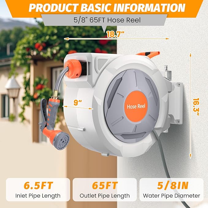GarveeLife Retractable Garden Hose Reel 5/8 in x 65 Ft, Wall Mounted Garden Hose Reel, with 9 Function Sprayer Nozzle, Any Length Lock, Lock/Automatic Slow Return System, 180° Swivel Bracket(Grey)