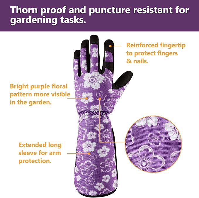 COOLJOB Thorn Proof Rose Pruning Garden Gloves for Women, Long Sleeve Padded Yard Work for Bush, Blackberry, Cactus, Heavy Duty/Puncture Resistant/Machine Washable, Large, Purple